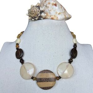 Vintage Wood and Shell-Look Acrylic Beaded Statement Necklace in Earth Tones